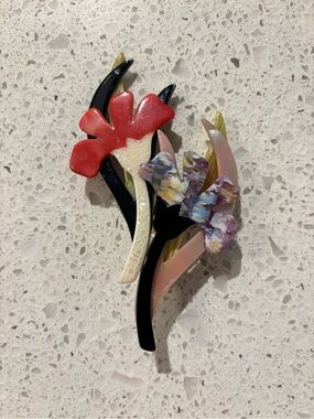 Vintage Lea Stein Floral Resin Flower Brooch - Pink, Red, Black